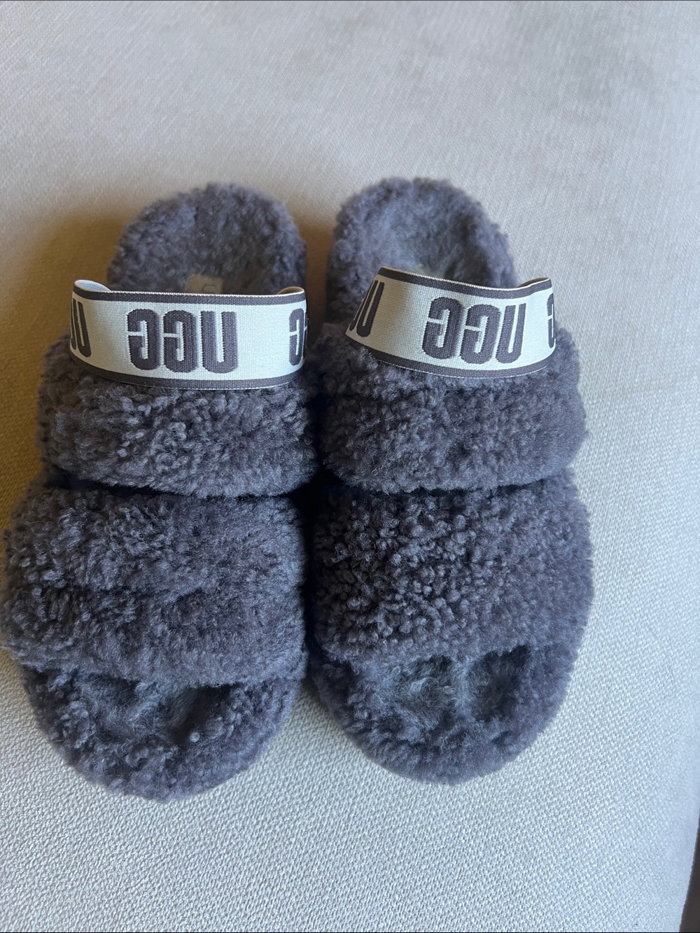 SOOOOO COMFY…: UGG Plush Double-Strap Shearling Slides in Charcoal